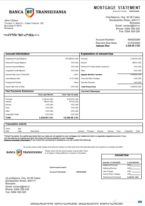 Download Romania Banca Transilvania mortgage statement in Word and PDF formats Photoshop template